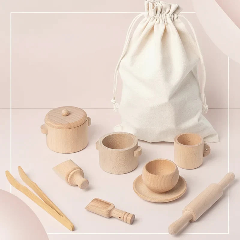 Close-up of wooden sensory kitchen set showing intricate details and textures for kids' hands