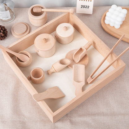 Childrens activity: Wooden kitchen play set with tactile components, perfect for educational fun