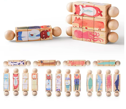 Educational wooden spinning animal puzzle for toddlers, enhances fine motor skills and cognitive development with colorful shapes.