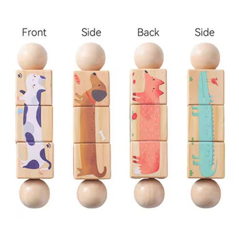 Kids learning toy, a wooden spinning puzzle featuring various animal shapes, perfect for fine motor skill development.