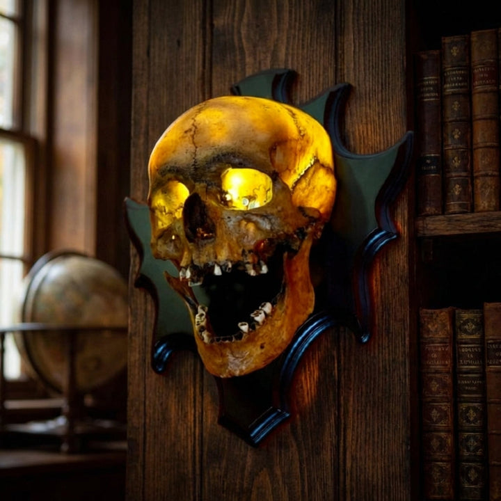 Eerie skull wall lamp, Nocturiskull, casting a spooky ambient light for gothic or Halloween home decor. Unique resin wall decor.