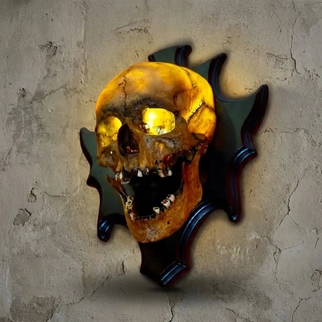 Detailed resin skull wall lamp, Nocturiskull, unique eerie lighting for spooky home decor. Perfect for gothic ambiance.