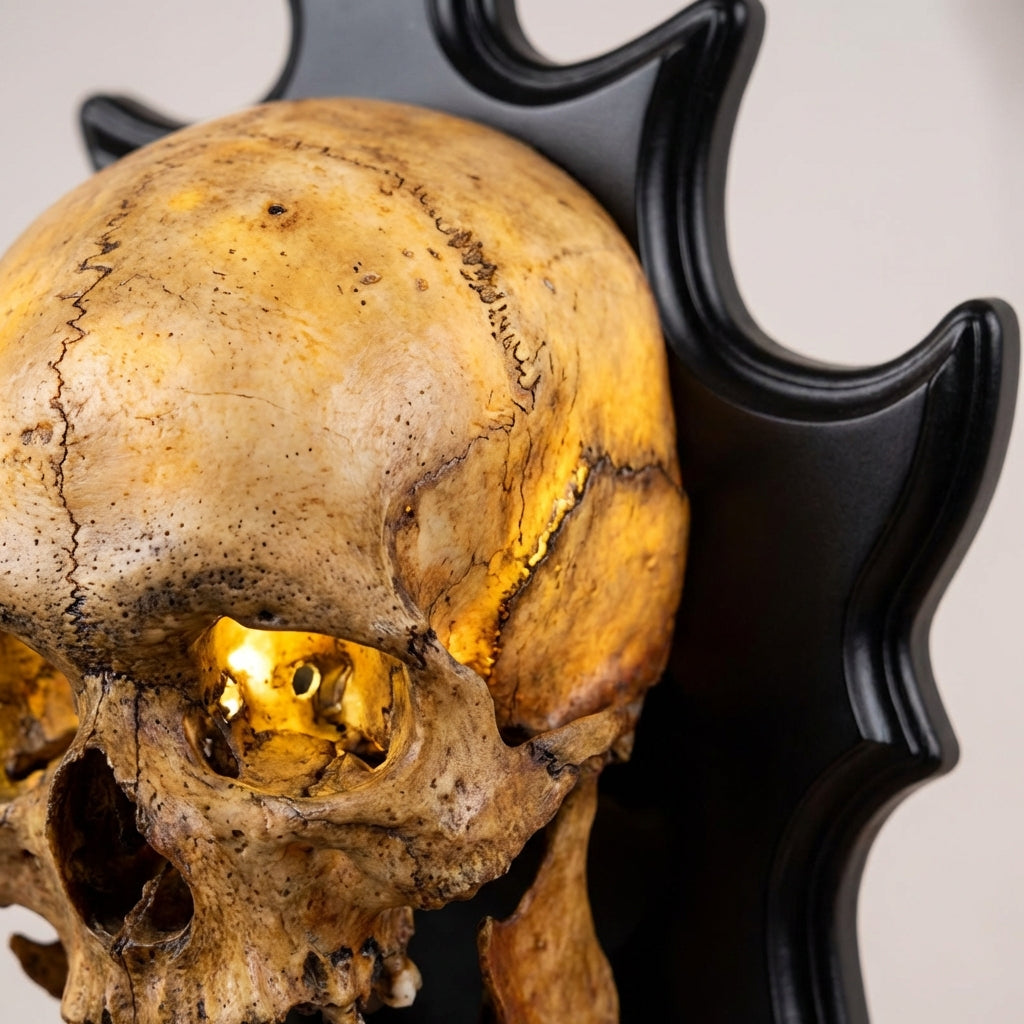 Wall mounted Nocturiskull lamp, a unique skull light perfect for eerie Halloween decor or gothic home ambiance. Spooky resin art.