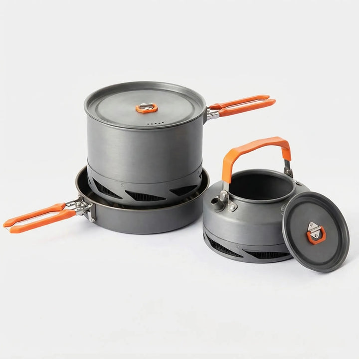 Complete portable camping cookware pot set with heat exchanger for quick outdoor meals; essential hiking gear.