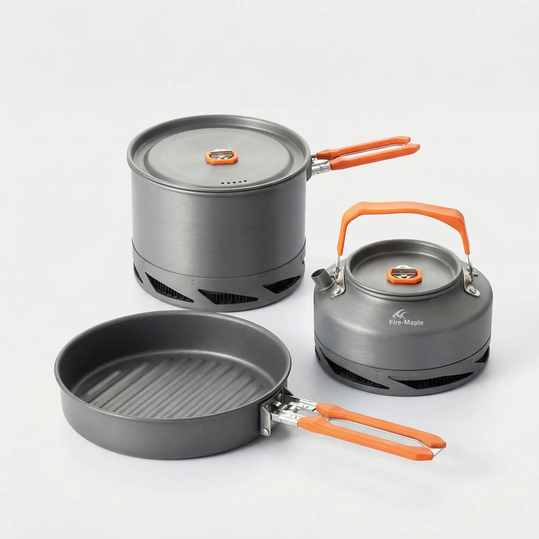 Durable nonstick heat exchanger cookware set, designed for efficient and fast cooking during camping and hiking.