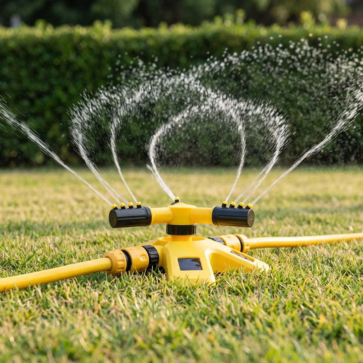 Efficient three-arm rotating lawn sprinkler for even garden irrigation & automatic watering.