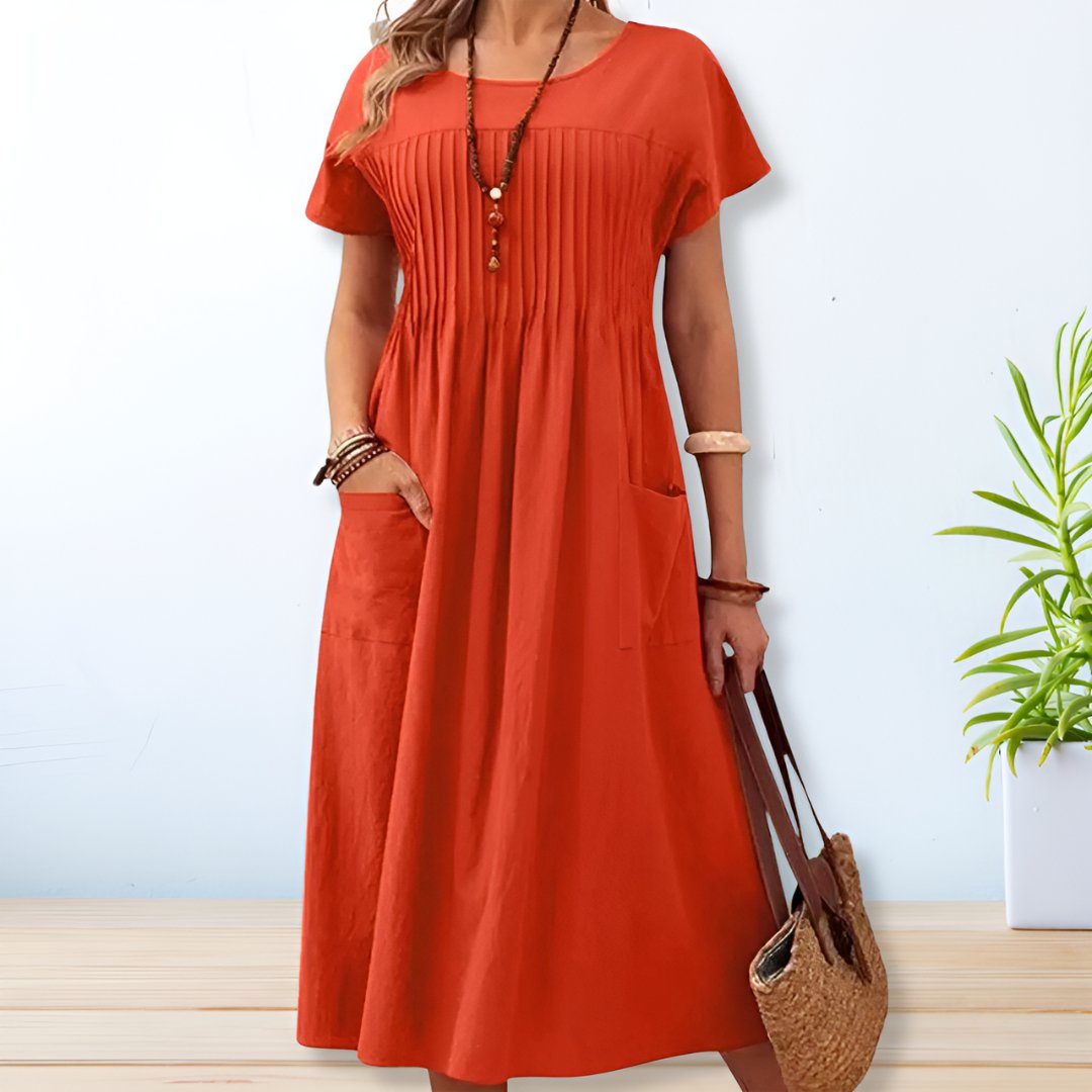 Pleated Women's Midi Dress, a relaxed fit casual summer dress, offering comfort and style for effortless wear.