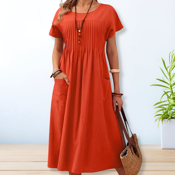 Pleated Women's Midi Dress, a relaxed fit casual summer dress, offering comfort and style for effortless wear.