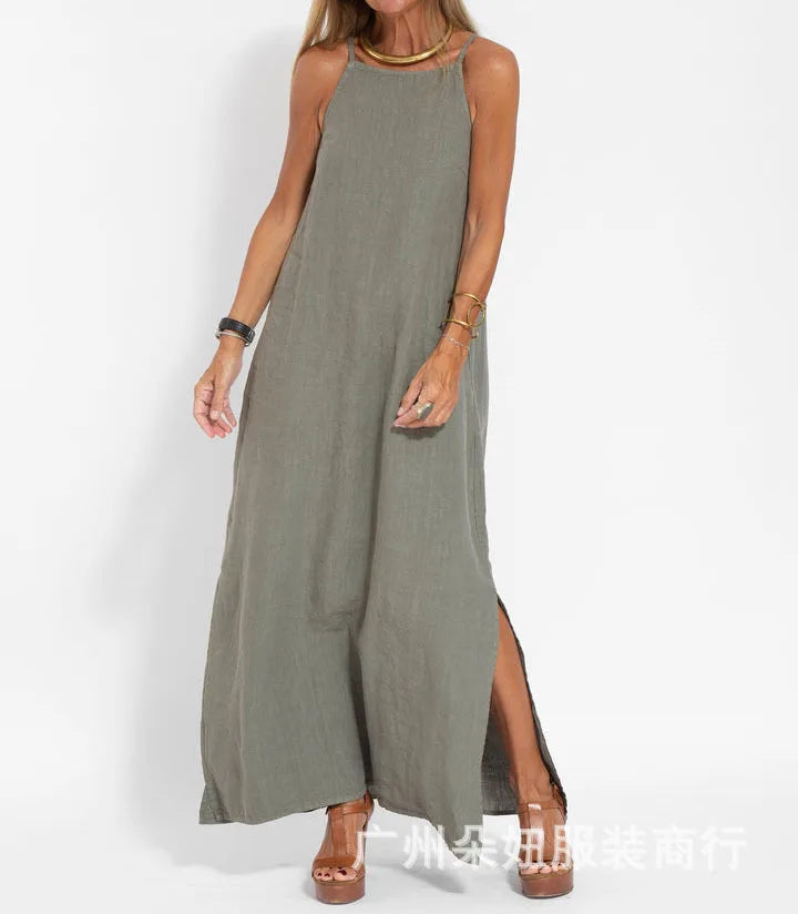 Elegant casual sleeveless maxi dress for women, relaxed fit with side slit. Ideal for summer everyday comfort.