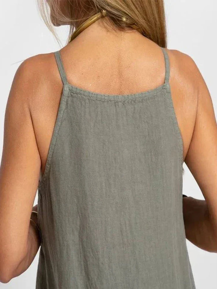 Gray women's sleeveless maxi dress, relaxed fit. Comfortable & stylish for summer casual wear or everyday elegance.