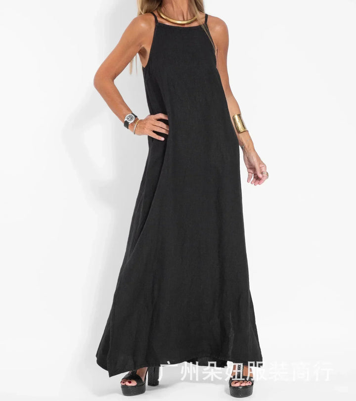Effortless women's sleeveless maxi dress, relaxed fit, side slit. Comfortable summer casual dress for everyday.