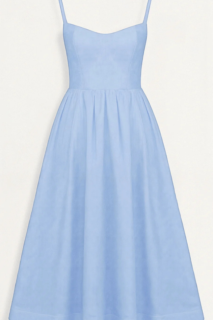 Relaxed women's spaghetti strap midi dress, elegant sundress for summer & vacation style.