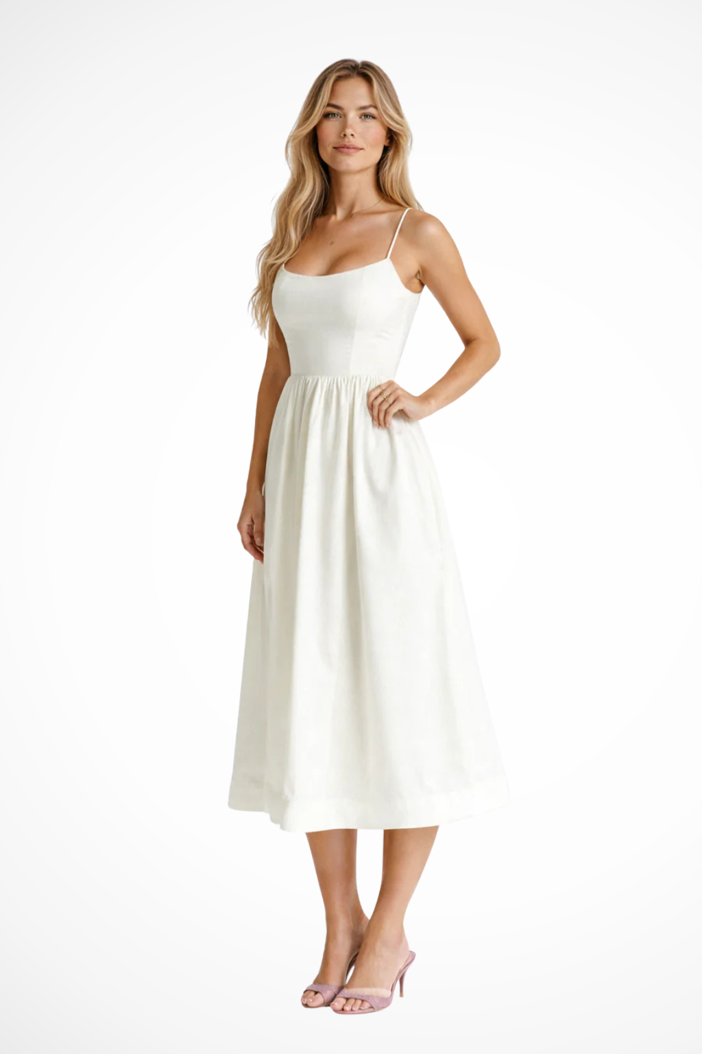 Versatile women's midi sundress, sleeveless spaghetti straps, for casual summer days.