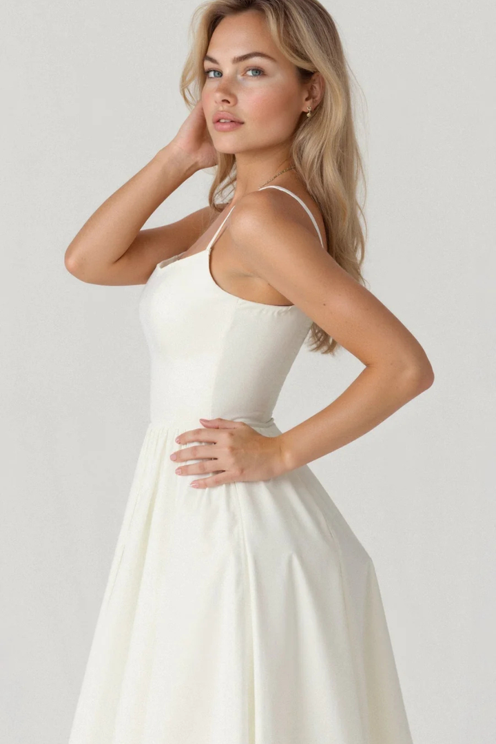 Trendy women's spaghetti strap midi dress, comfortable flowing sundress for summer.