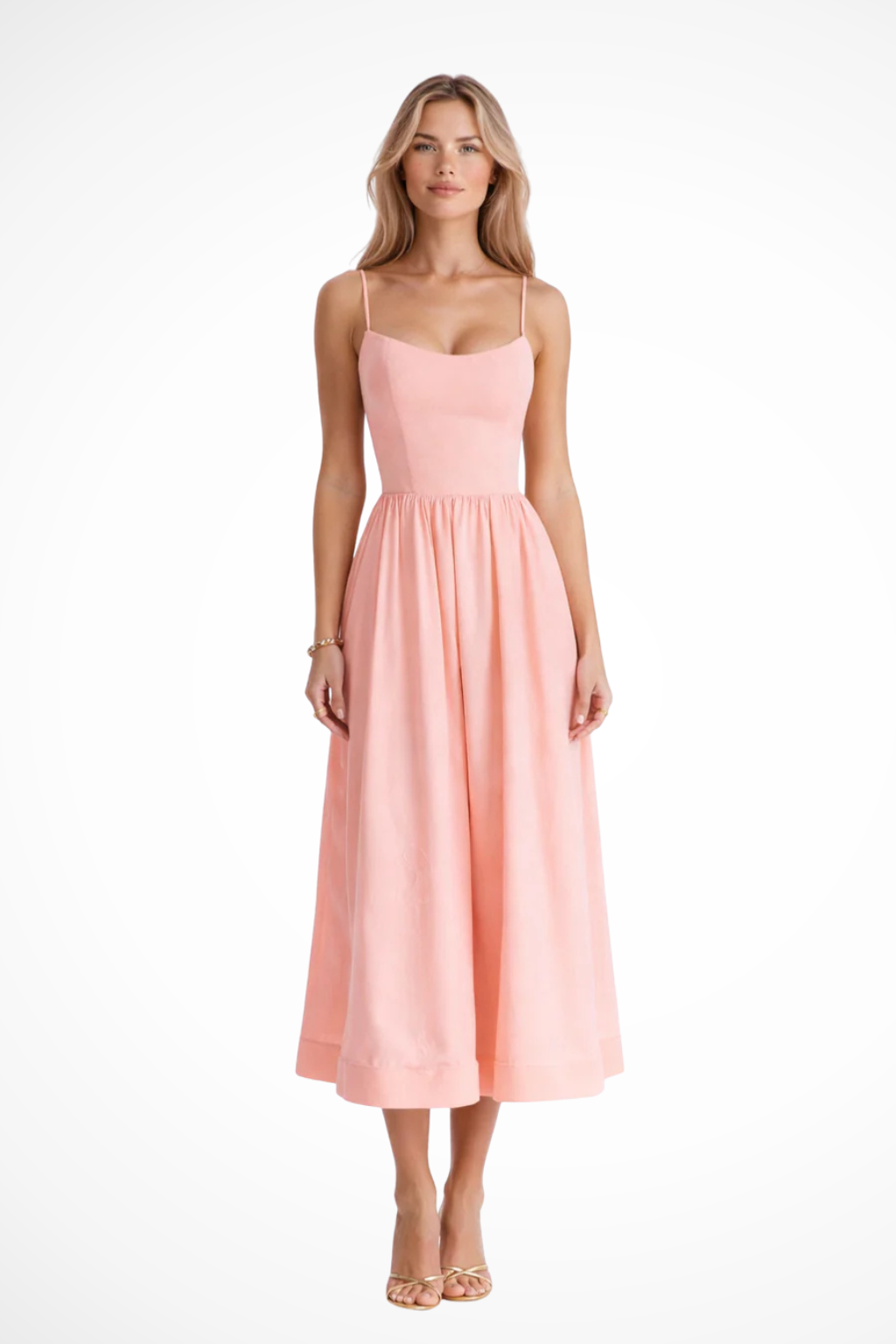 Casual women's midi sundress with delicate spaghetti straps, an effortless summer dress.