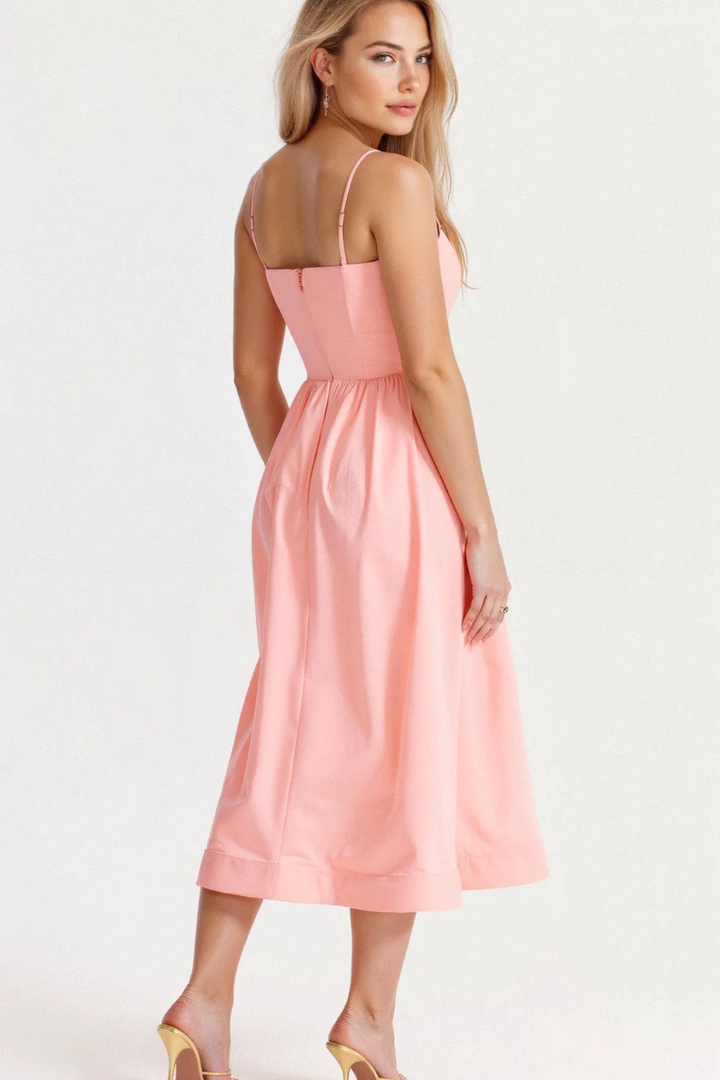 Stylish women's spaghetti strap midi dress, versatile summer vacation & party dress.
