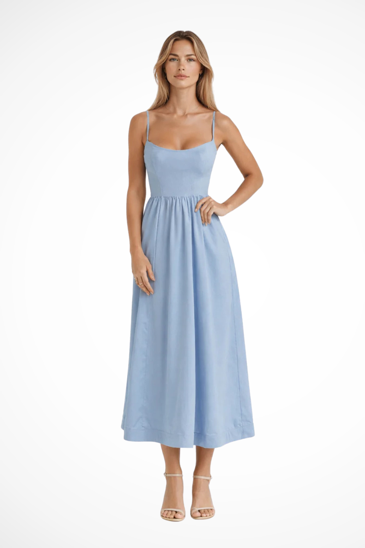 Women's fashion midi sundress, spaghetti strap design for comfortable summer vacation.