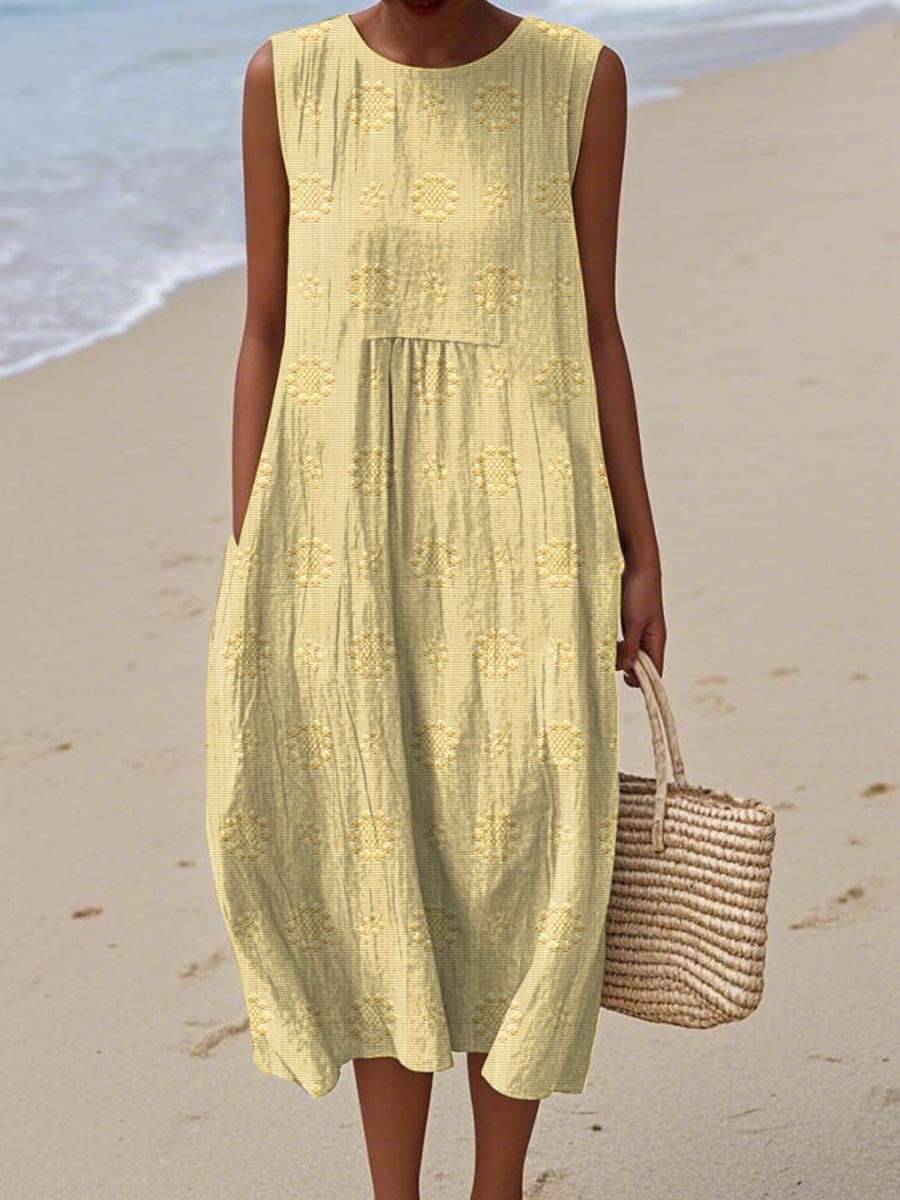 Easy-to-wear women's summer midi dress, sleeveless, with pockets. Flowy, relaxed fit for warm weather style.
