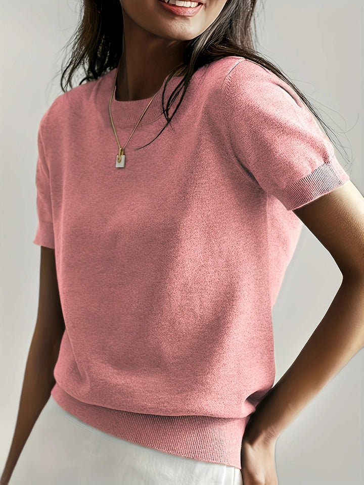 Women's effortlessly chic short sleeve top with a classic crew neck, relaxed fit.