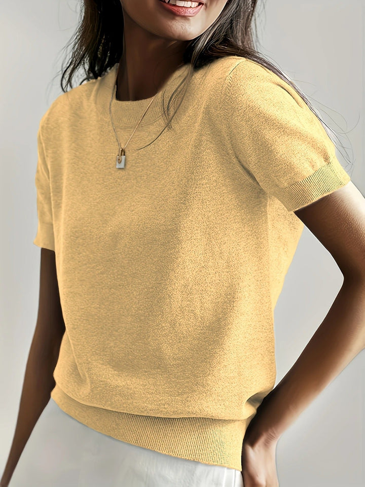 Versatile women's basic crew neck short sleeve top for comfortable spring style.