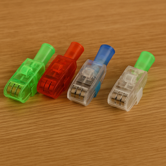 Eight LED finger glow lights in various colors, perfect novelty party supplies for kids and teens