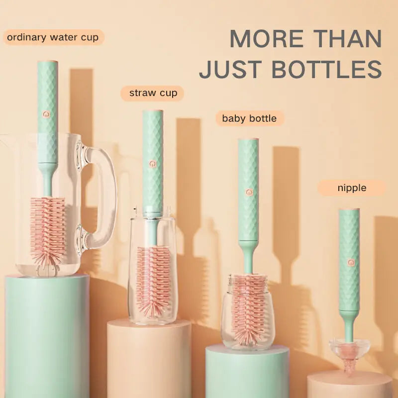 Close-up of electric baby bottle brush with soft silicone bristles, ideal for thorough baby bottle cleaning