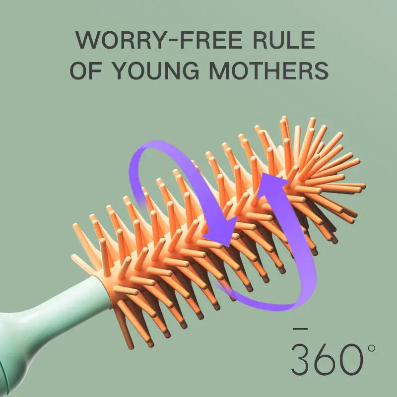 Electric baby bottle cleaning brush set, featuring multiple silicone brush heads for all bottle types