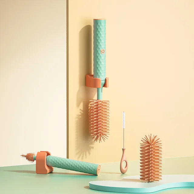 Demonstration of electric baby bottle cleaning brush in action, effectively cleaning a baby bottle