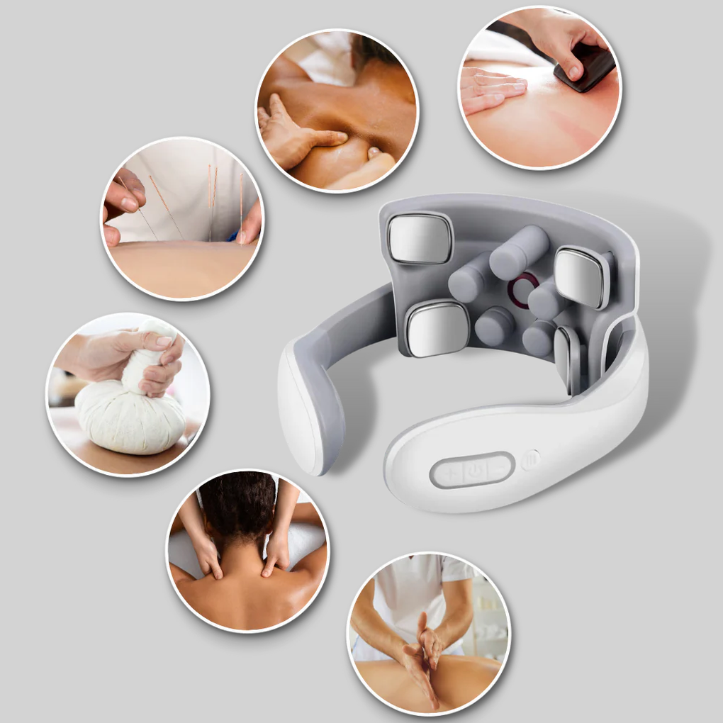 USB rechargeable electric neck massager for targeted neck and shoulder pain relief with heat.