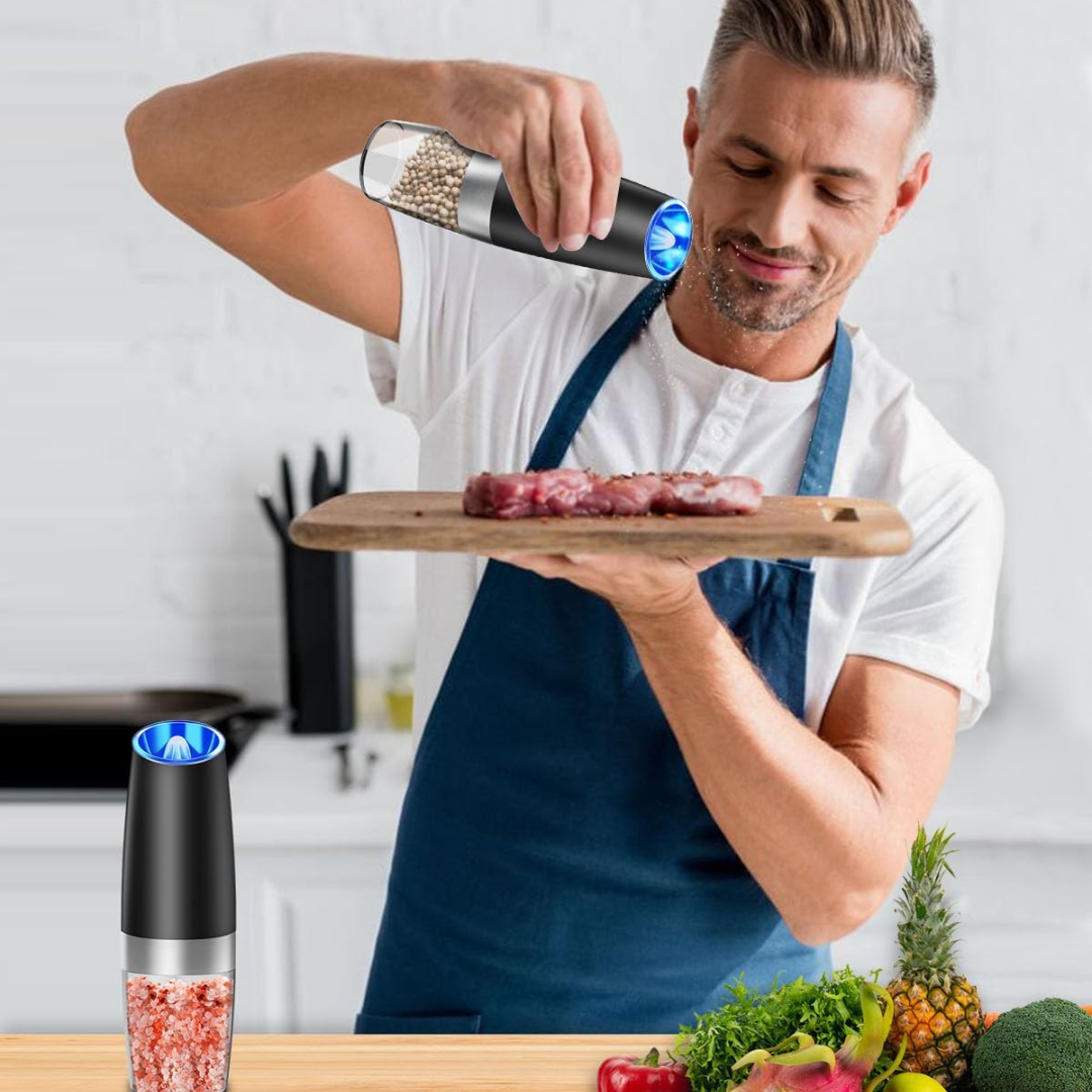 Electric salt and pepper grinder set with adjustable grind. Rechargeable for modern kitchen convenience.