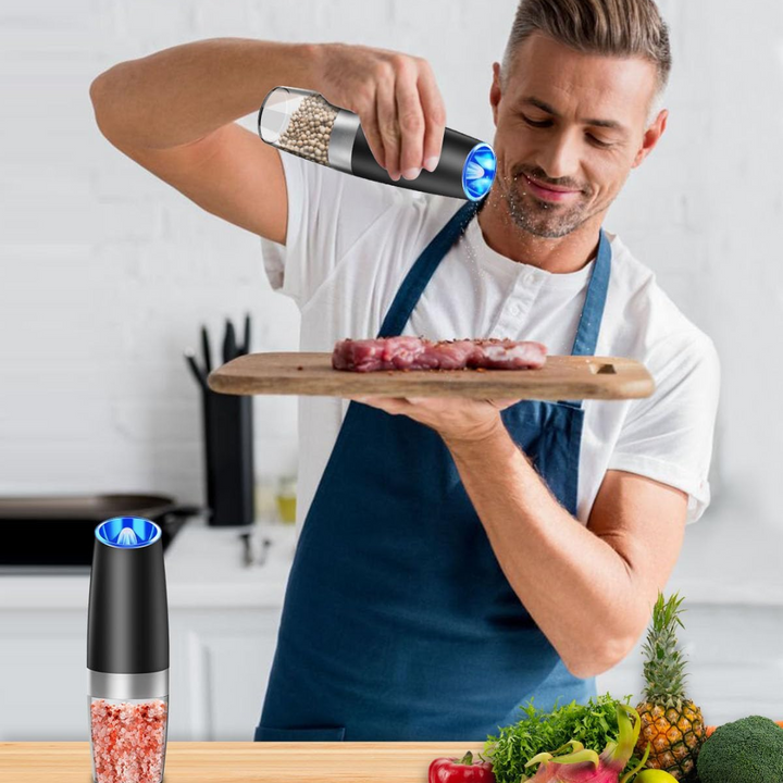Electric salt and pepper grinder set with adjustable grind. Rechargeable for modern kitchen convenience.