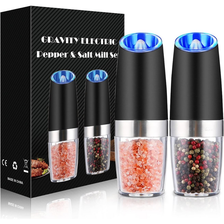 Smart electric salt & pepper mill set. Rechargeable kitchen gadget for precise spice grinding.