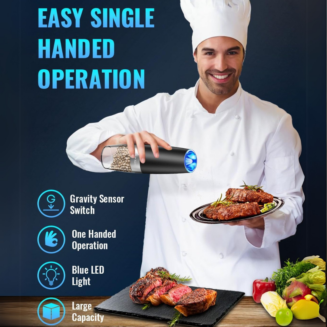 Rechargeable electric salt & pepper grinder set, an efficient kitchen tool for seasoning.