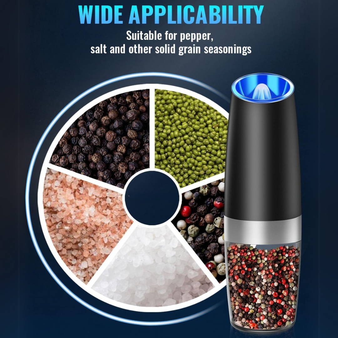 Elegant electric salt & pepper mill set, rechargeable and an essential kitchen cooking accessory.