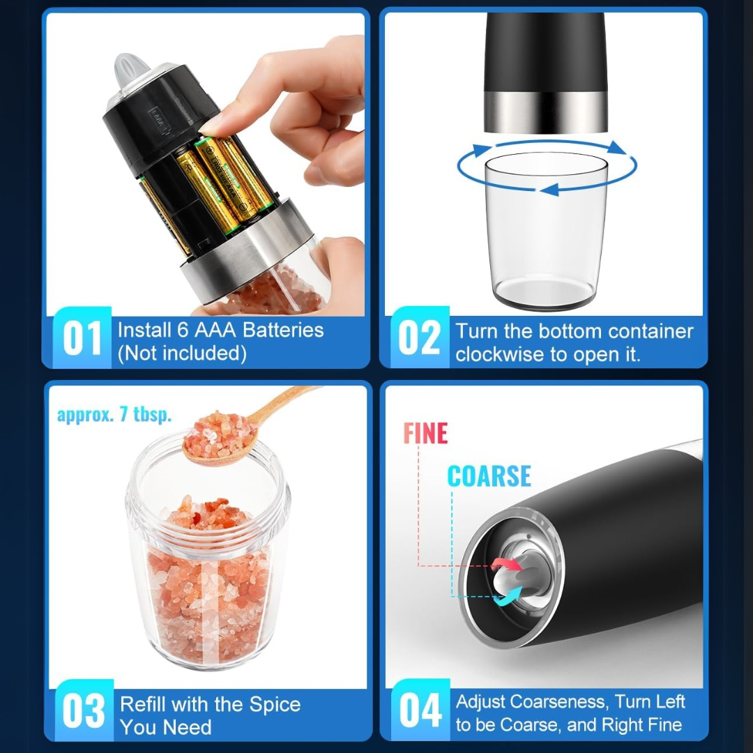 Effortless electric spice grinder set, rechargeable salt and pepper mills for modern kitchens.