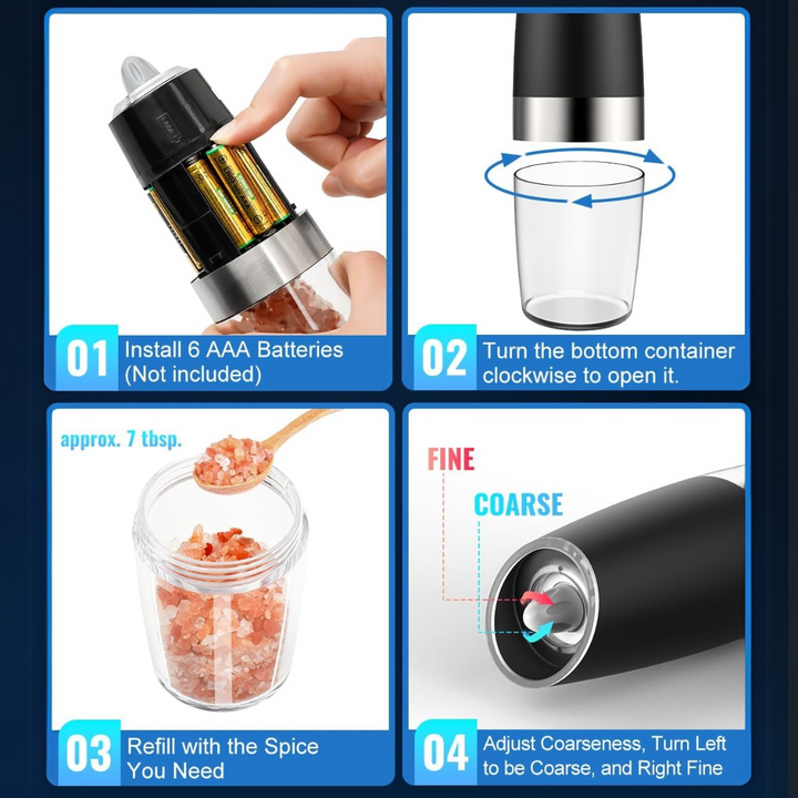 Effortless electric spice grinder set, rechargeable salt and pepper mills for modern kitchens.