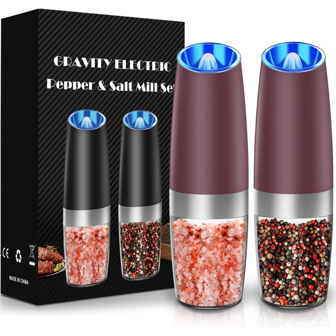 Sleek electric pepper mill and salt grinder set, a rechargeable kitchen gadget for easy seasoning.