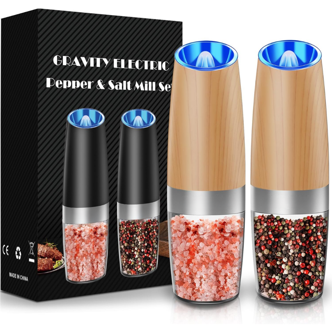 Automatic salt & pepper mill set. Rechargeable spice grinders with adjustable coarseness for cooking.