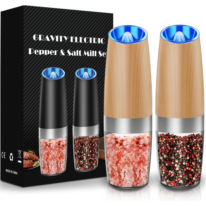 Automatic salt & pepper mill set. Rechargeable spice grinders with adjustable coarseness for cooking.