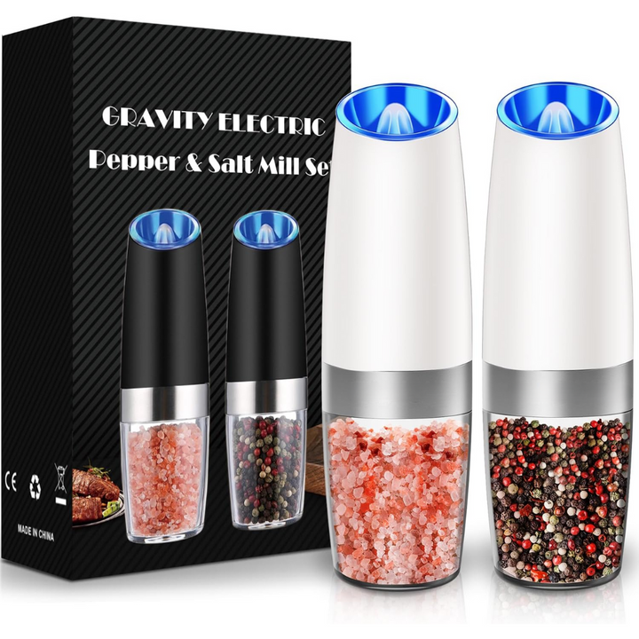 Modern electric salt & pepper grinder set, a culinary tool for effortless seasoning in any home kitchen.