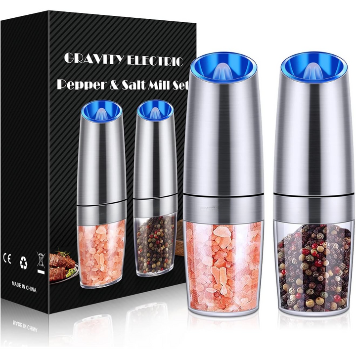 Rechargeable electric pepper grinder and salt mill set. Essential kitchen accessory with adjustable grind.