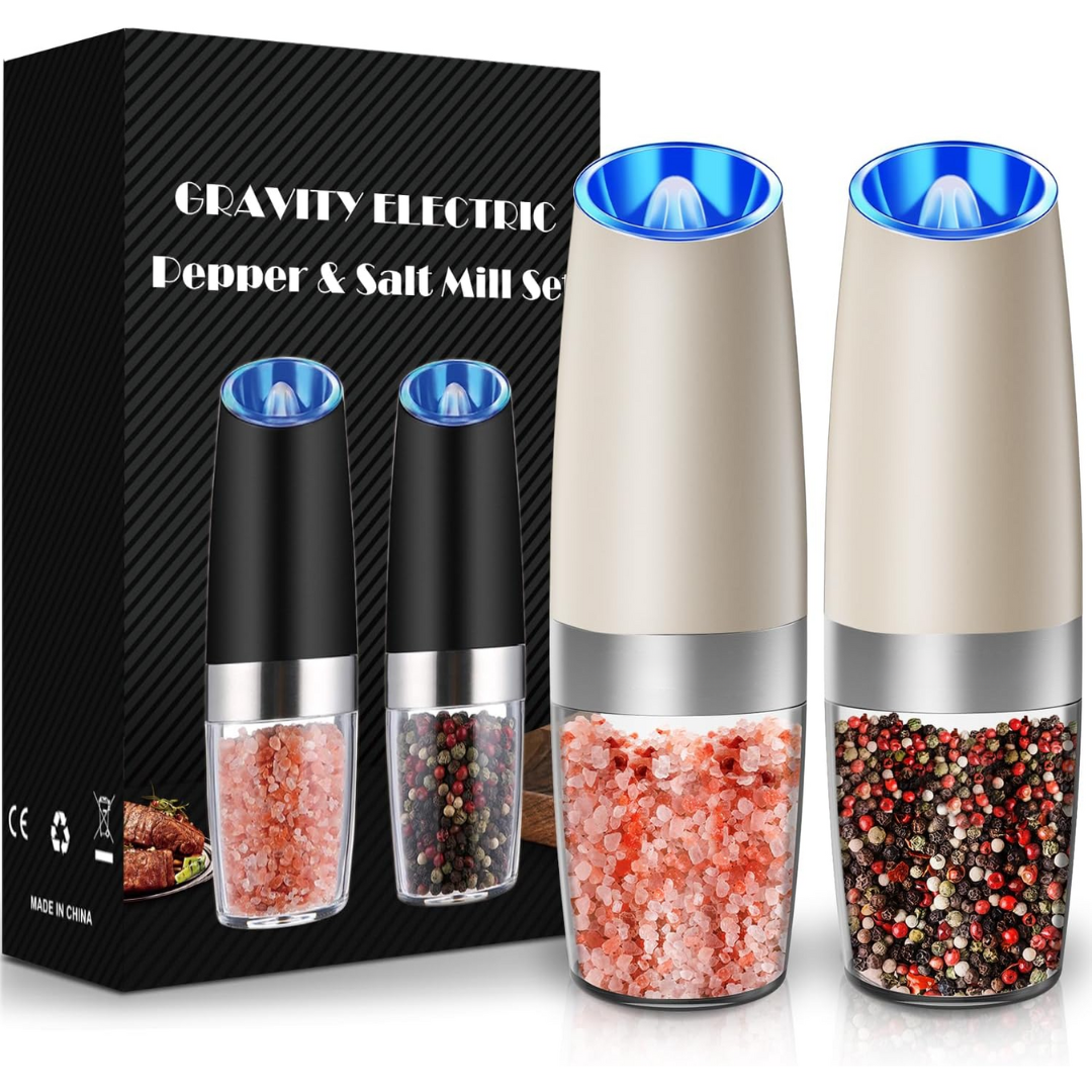 Hands-free electric spice grinder set, rechargeable for convenient seasoning of meals.