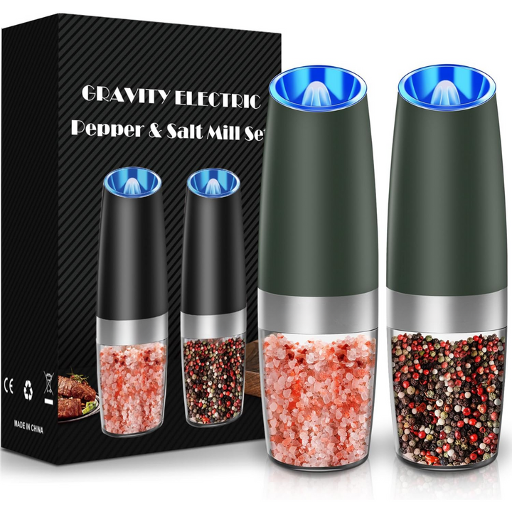 Contemporary electric salt and pepper grinder set, perfect for home kitchen and cooking accessories.