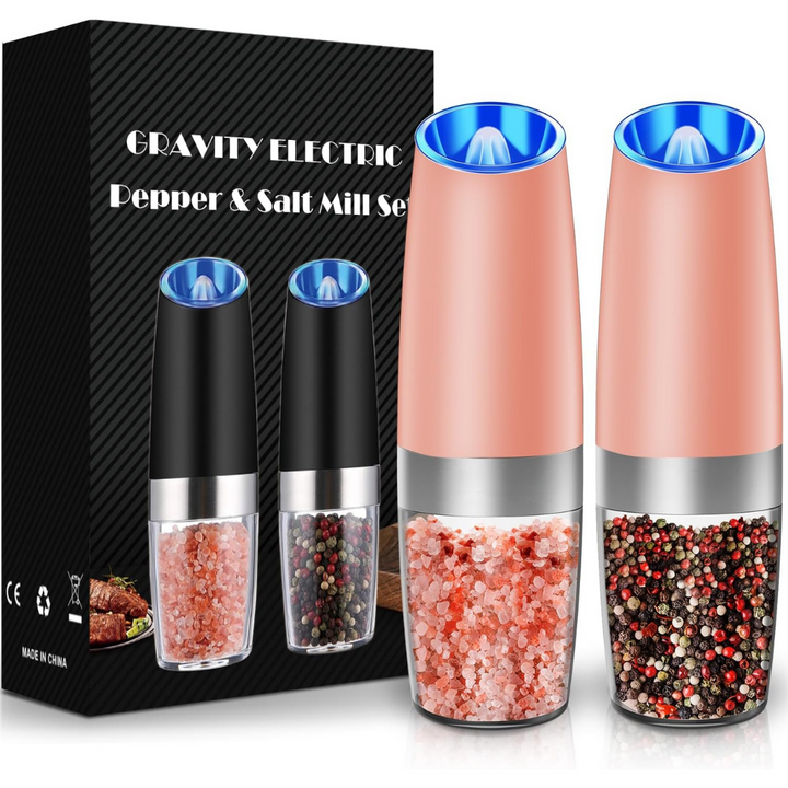 Premium electric salt & pepper mill set with adjustable coarseness. Rechargeable kitchen tool.