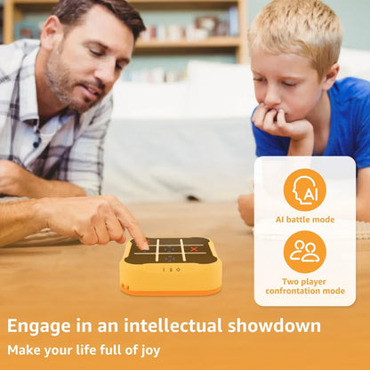 Kids playing an electronic Tic Tac Toe game, enhancing problem-solving abilities and memory.