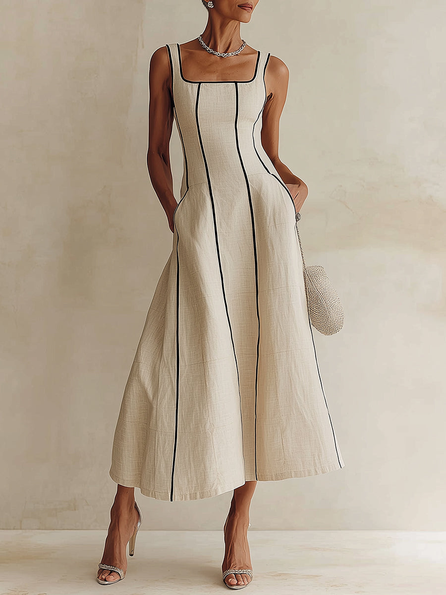 Elegant apricot maxi dress for women, featuring a square neck and A-line style, perfect for parties & summer.