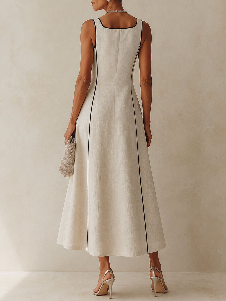 Chic women's apricot A-line maxi dress with square neck. Ideal for wedding guests, elegant summer & party wear.