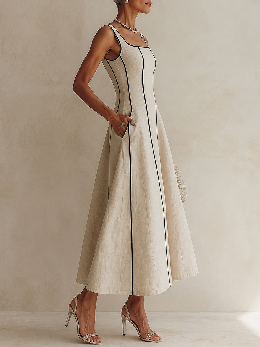 Sophisticated women's apricot maxi dress, A-line cut, square neck, sleeveless, perfect for elegant occasions.