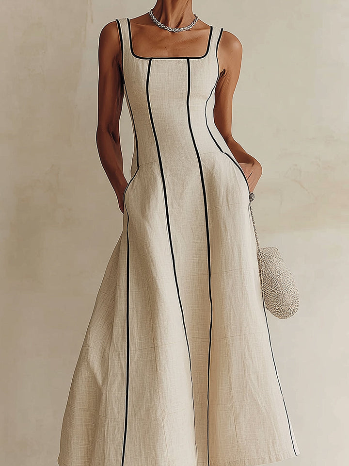 Apricot square neck A-line maxi dress for women, an elegant sleeveless summer and party dress.