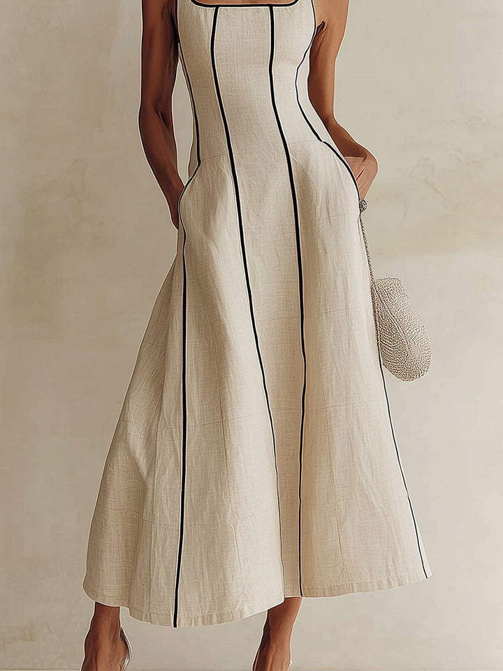 Women's elegant apricot square neck A-line maxi dress. Chic sleeveless design for summer, parties, or wedding guests.